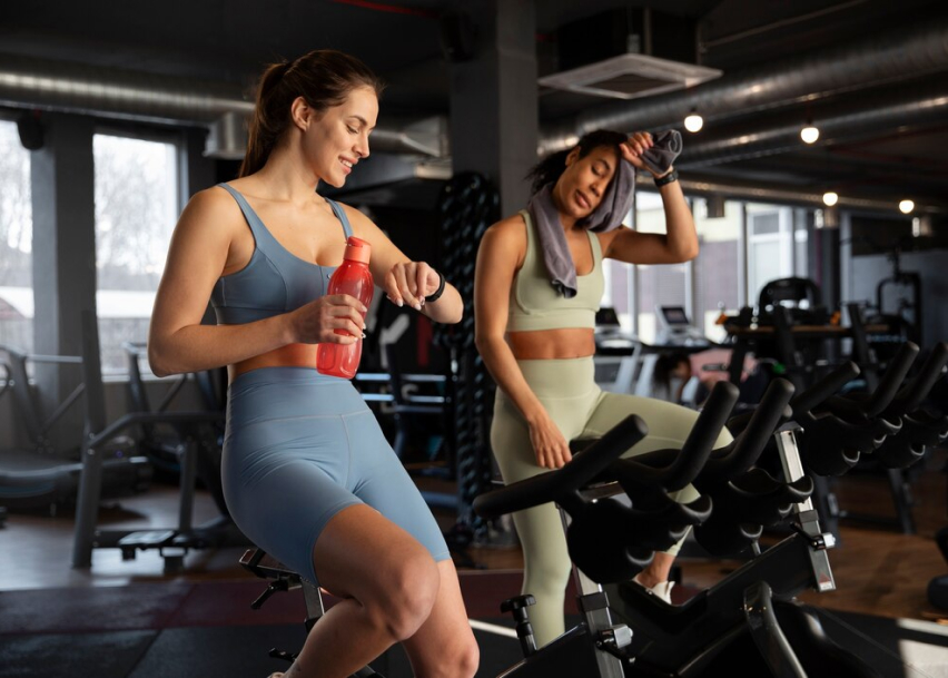 Две девушки занимаются на велотренажере в спортзале